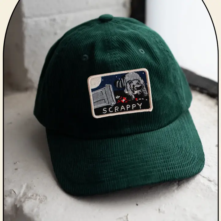 Scrappy Raccoon Corduroy Dad Cap (Emerald Green)